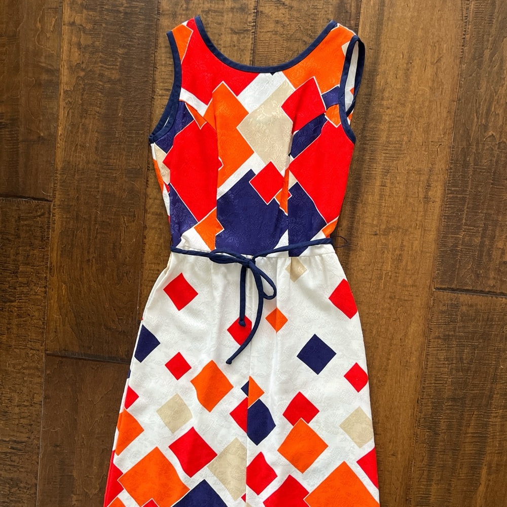 Vintage 60’s 70’s rose jaquard geometric v neck summer floor length sundress